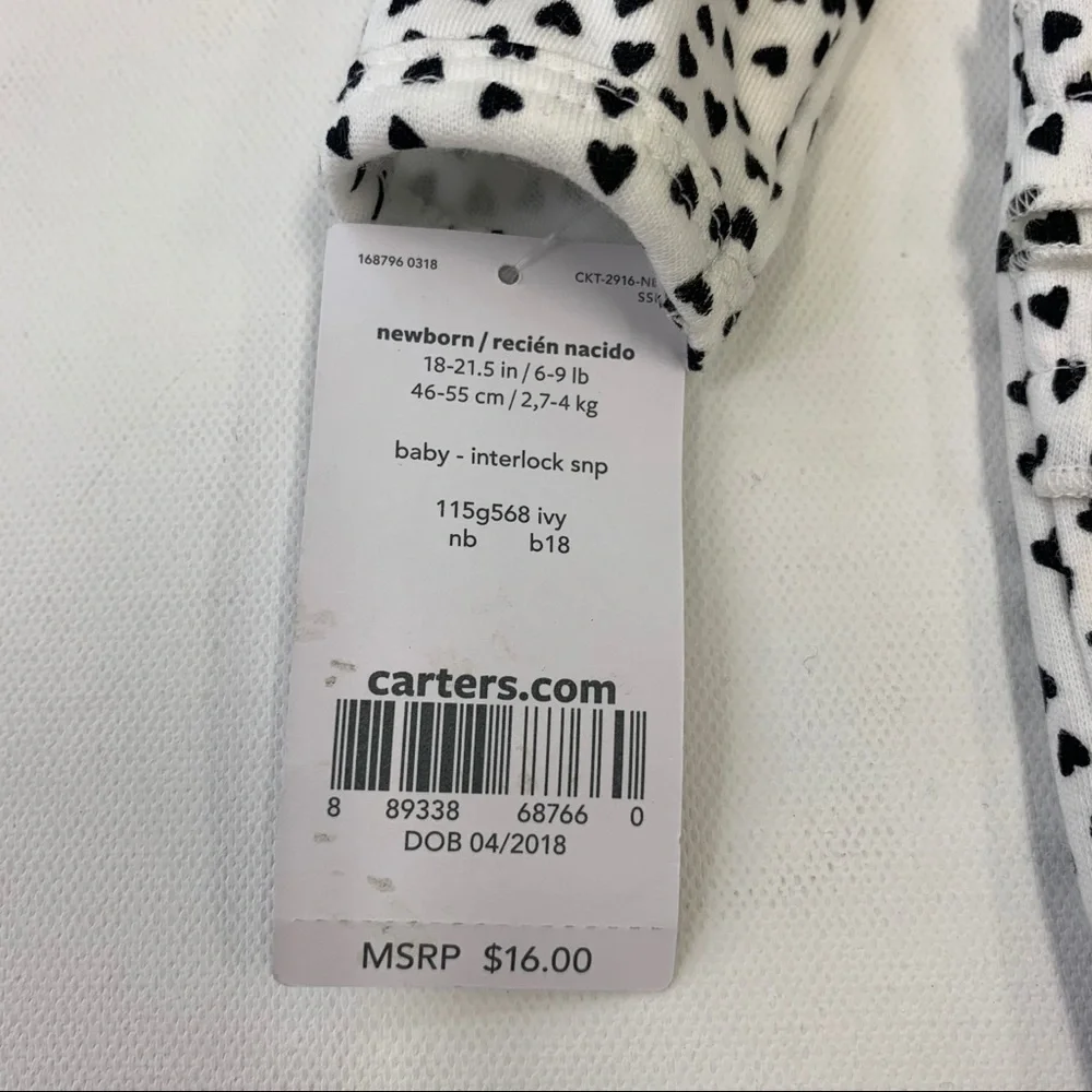 NWT carter’s Long Sleeve Footed Heart Bodysuit nb